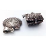 2X vintage sterling silver pendants include a shell and a treasure chest with pearl inside. Total