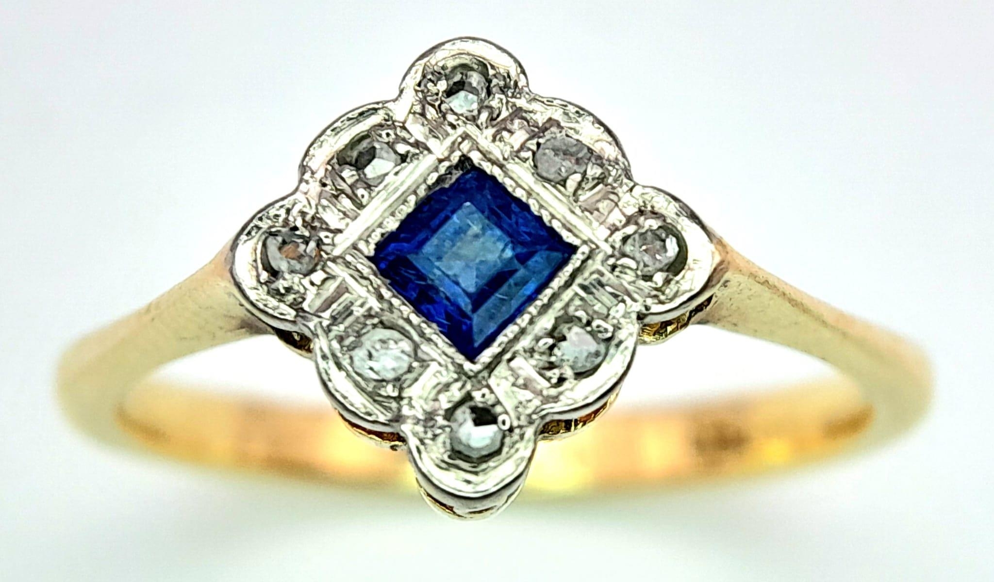 A VINTAGE 18K YELLOW GOLD, PLATINUM DIAMOND & SAPPHIRE RING. 3G. SIZE O. - Image 2 of 11