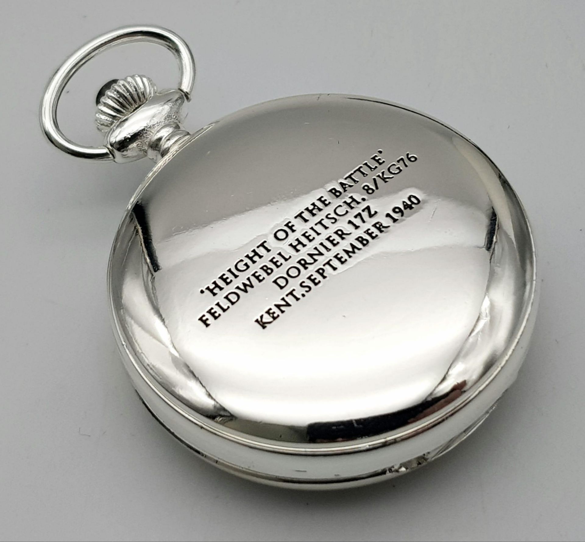 A Silver Tone, Manual Wind Pocket Watch Commemorating the WW2 German Pilot Feldwebel Heitsch in - Bild 6 aus 10