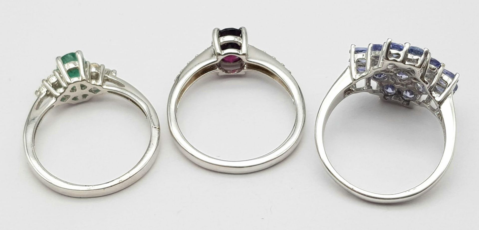 Three 925 Sterling Silver Gemstone Rings: Garnet - Size R, Amethyst - Size P and Emerald - Size P. - Image 10 of 13