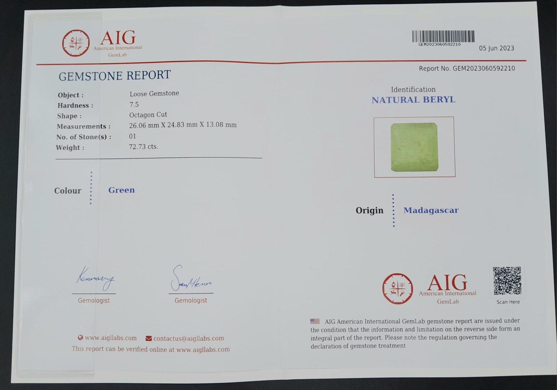 A 72.73ct Madagascar Natural Beryl, Rare Impressive Gemstone. Comes with the AIG Certificate. ref: - Bild 4 aus 4