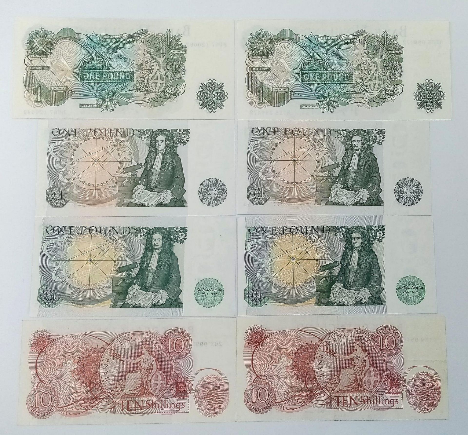 Eight Vintage EF/UNC grade British Currency Notes. 6 x £1 and 2 x Ten Shilling notes. Please see - Image 2 of 4