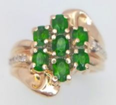 A 14K Yellow Gold, Diamond and Green Stone Ring. Size M, 6.5g total weight. Ref: SC 7073