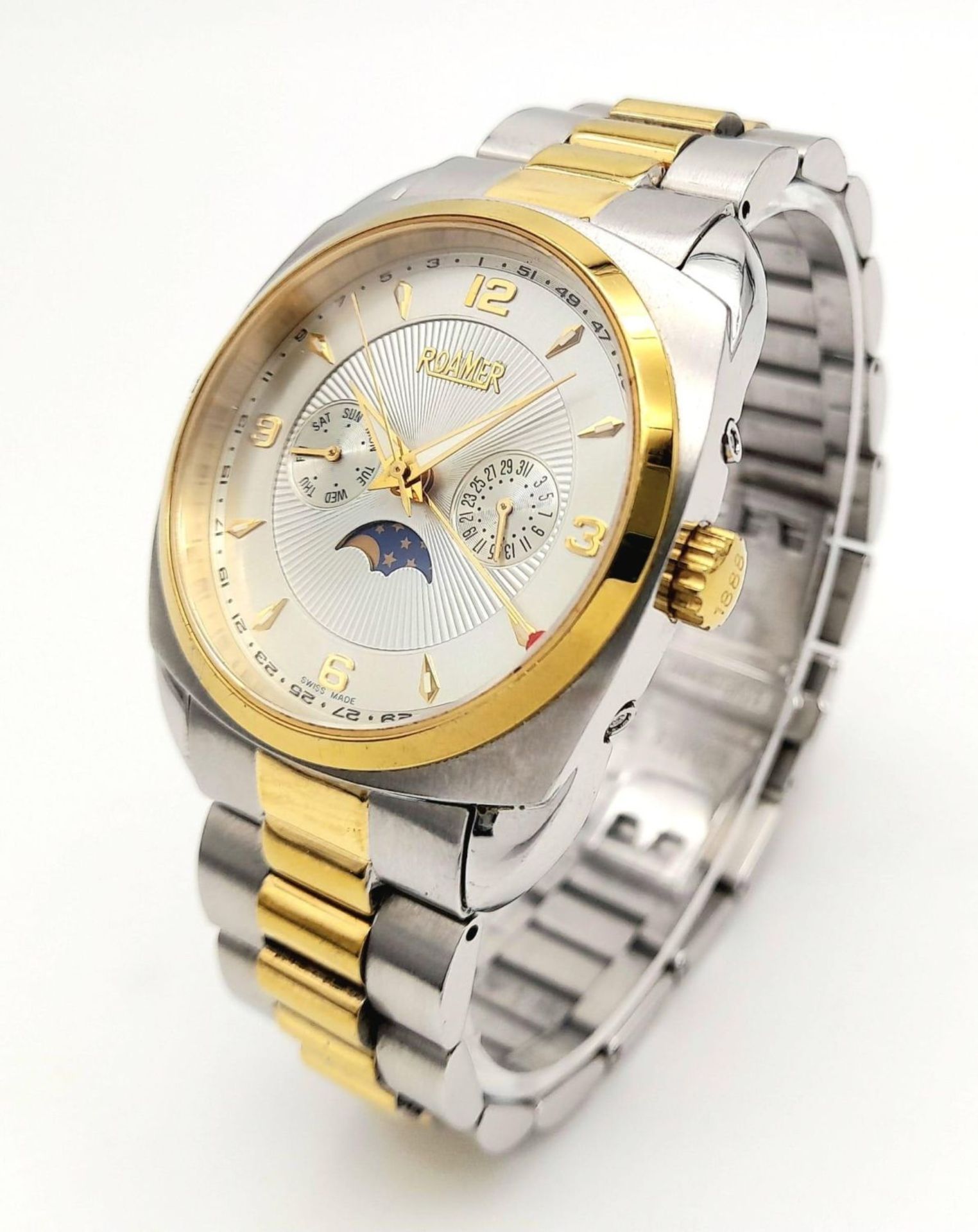 a "roamer" moon phase watch with 2 subdials on a stainless strap , quartz movement . 36mm - Bild 3 aus 14