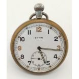 A Military CYMA pocket watch, 52 mm case, white dial with Arabic numerals and seconds sub-dial.