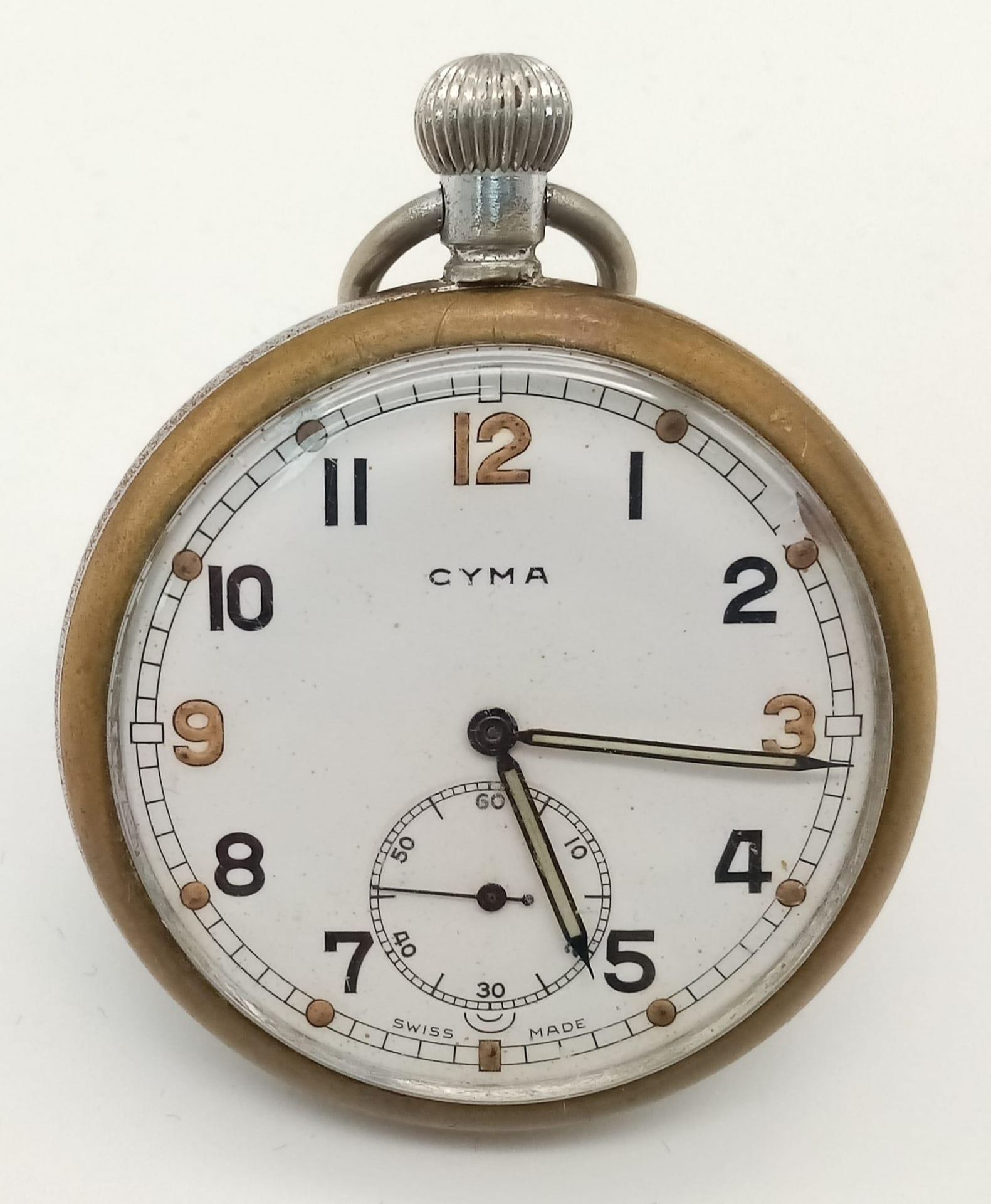 A Military CYMA pocket watch, 52 mm case, white dial with Arabic numerals and seconds sub-dial.