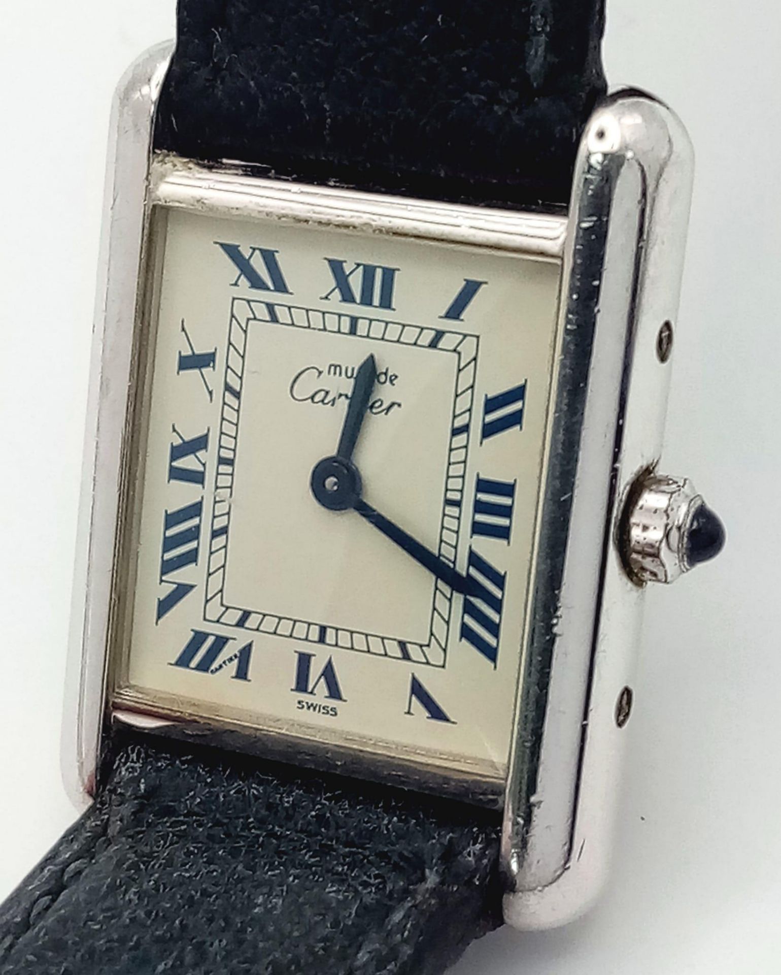 A Vintage Must de Cartier Tank Quartz Ladies Watch. Black leather strap. 925 silver case - 21mm. - Bild 4 aus 9