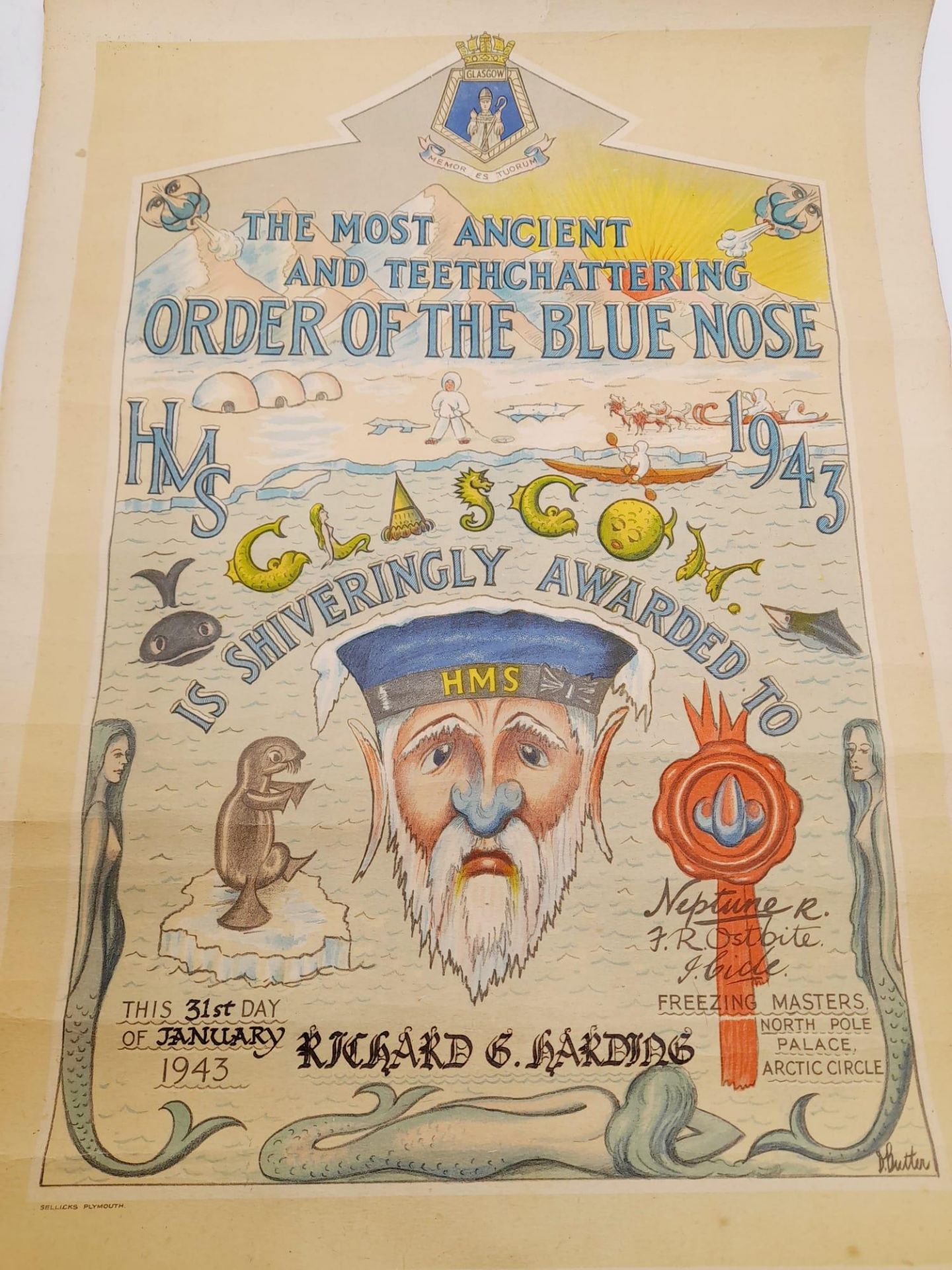 An Original Dated 1943 Poster Award known as the ‘Order of the Blue Nose’ for Sailors crossing the - Image 7 of 7