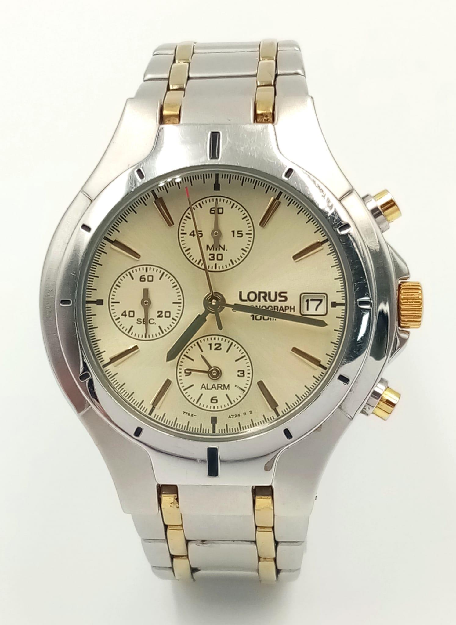 A Two-Tone B-Metal Quartz Chronograph Date Watch by Lorus. 41mm Including Crown. New Battery - Image 3 of 6