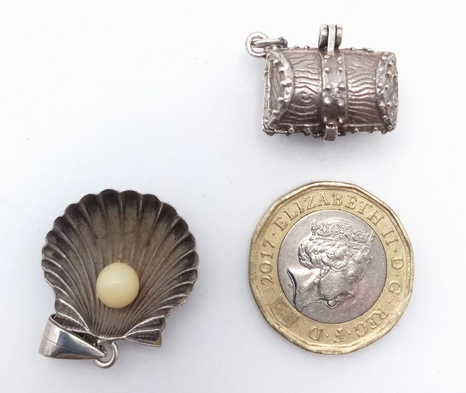 2X vintage sterling silver pendants include a shell and a treasure chest with pearl inside. Total - Image 6 of 9
