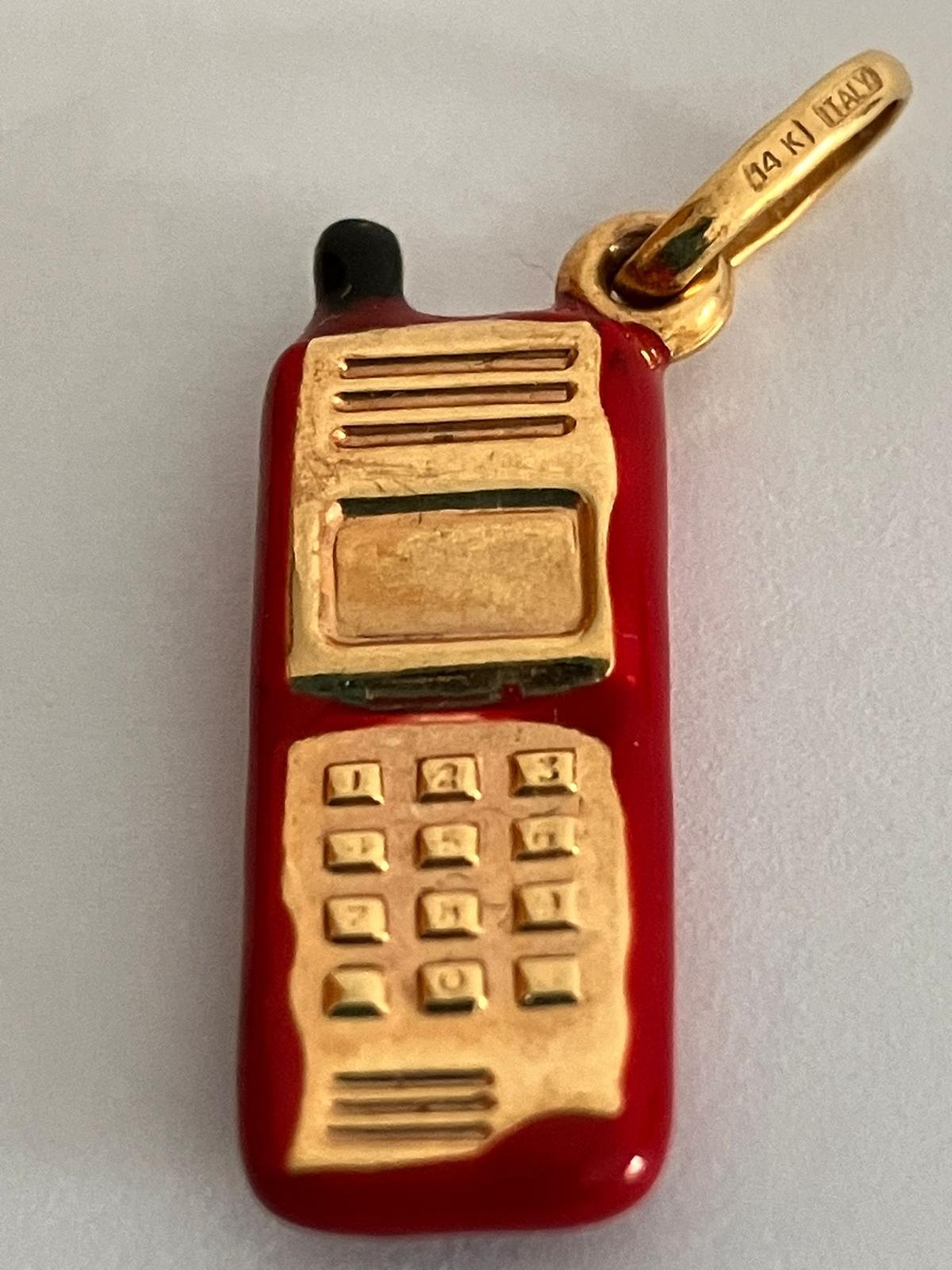 Vintage Italian 14 carat GOLD TELEPHONE CHARM with red enamel surround.1.03 grams.