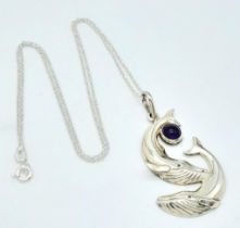 A Unique Vintage Sterling Silver and Amethyst ‘Blue Whale’ Design Pendant Necklace. The Pendant