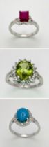 Three 925 Sterling Silver Gemstone Rings: Turquoise - Size T, Peridot - Size P and Ruby - Size R.