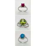 Three 925 Sterling Silver Gemstone Rings: Turquoise - Size T, Peridot - Size P and Ruby - Size R.