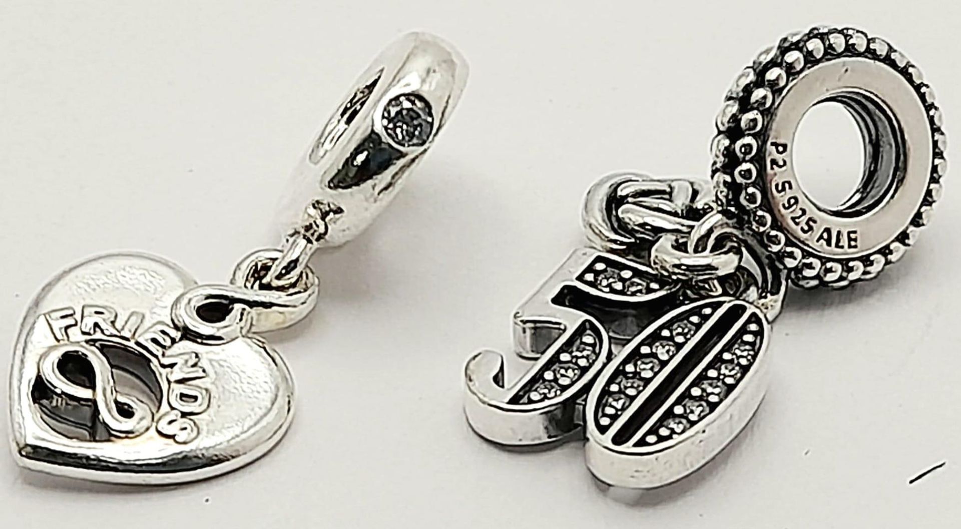 2X fancy Pandora 925 silver charms/pendants include a "Friend Forever" heart and a silver stone - Image 9 of 9