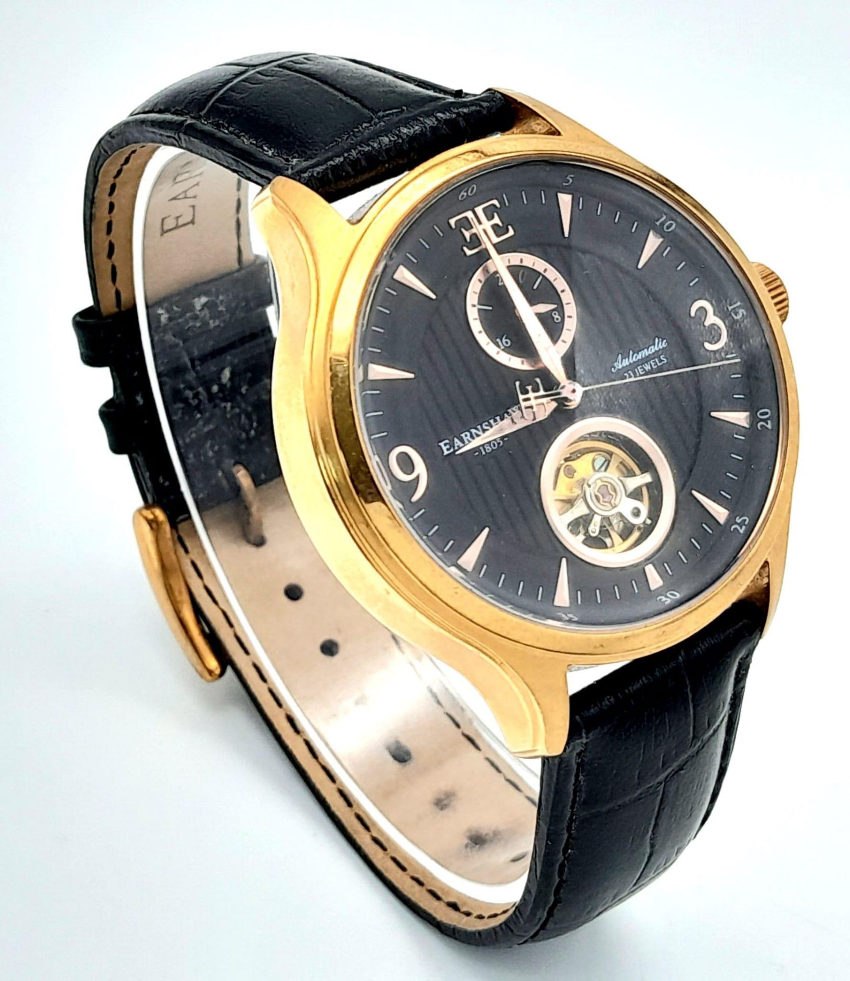 An Earnshaw 23 Jewels Automatic Watch. Black leather strap. Gilded case - 43mm. Black dial with - Bild 4 aus 9