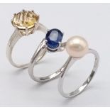 Three 925 Sterling Silver Gemstone Rings: Citrine- Size O, Sapphire - Size P and Cultured Pearl -