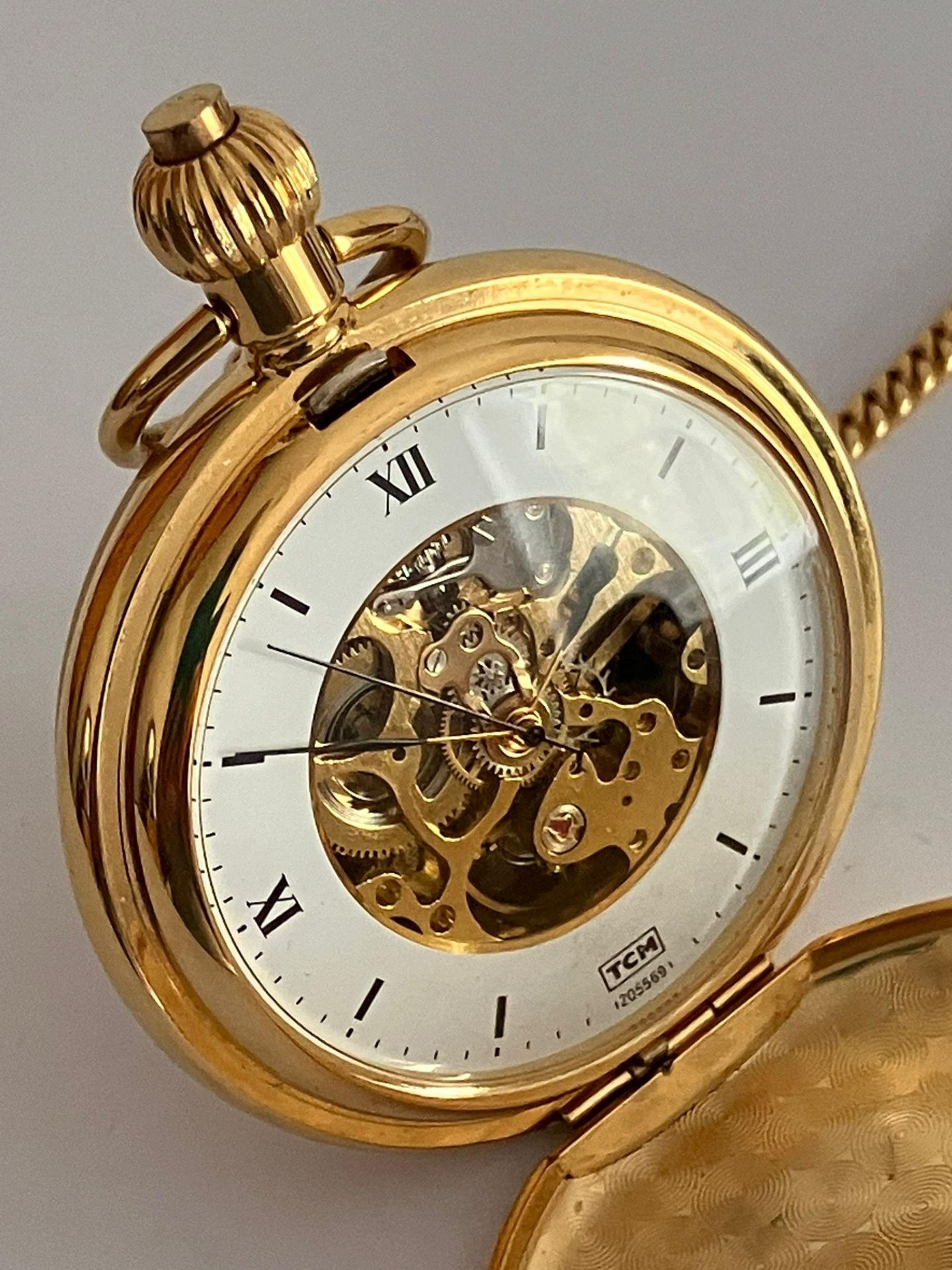 TCM SKELETON POCKET WATCH and CHAIN. Gold Plated. Manual winding/automatic movement. Skeleton - Bild 11 aus 11