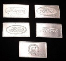 A Selection of 5 Sterling Silver British Car Manufacturer Plaques - Jaguar, Marcus, and 3 x Ford