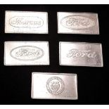 A Selection of 5 Sterling Silver British Car Manufacturer Plaques - Jaguar, Marcus, and 3 x Ford