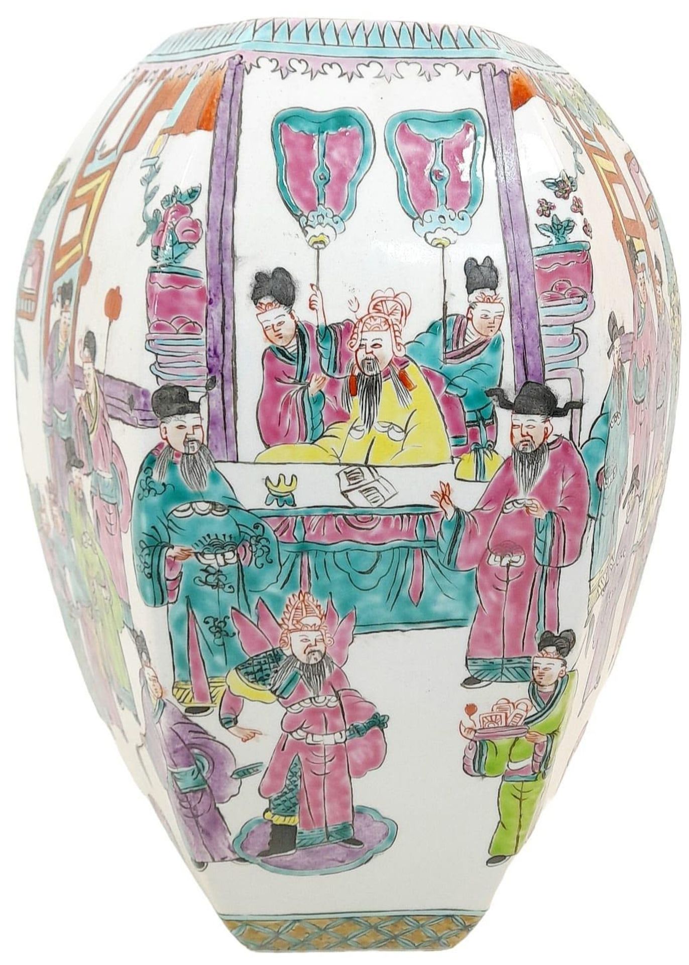 A Superb Antique Chinese Octagonal Famille Rose Canton Vase with Wonderfully Painted Court Scenes in - Bild 2 aus 8
