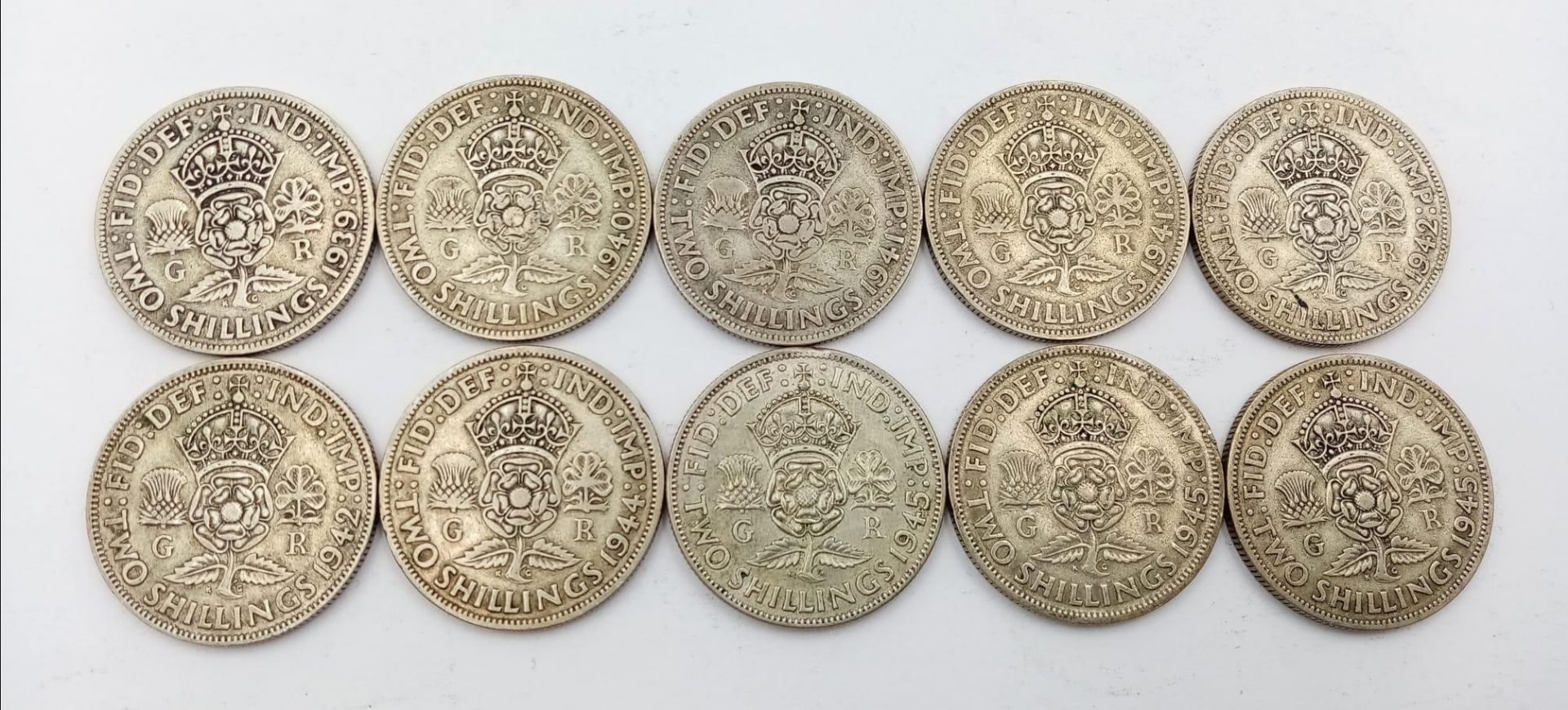A Parcel of Ten WW2 Period Pre-1947 Silver Two Shilling Coins (florins) Dates; 1 x 1939, 1 x 1940, 2