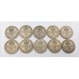 A Parcel of Ten WW2 Period Pre-1947 Silver Two Shilling Coins (florins) Dates; 1 x 1939, 1 x 1940, 2