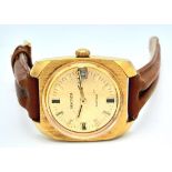A Vintage Sekonda 18 Jewels Mechanical Gents Watch. Brown leather strap. Gilded stainless steel case