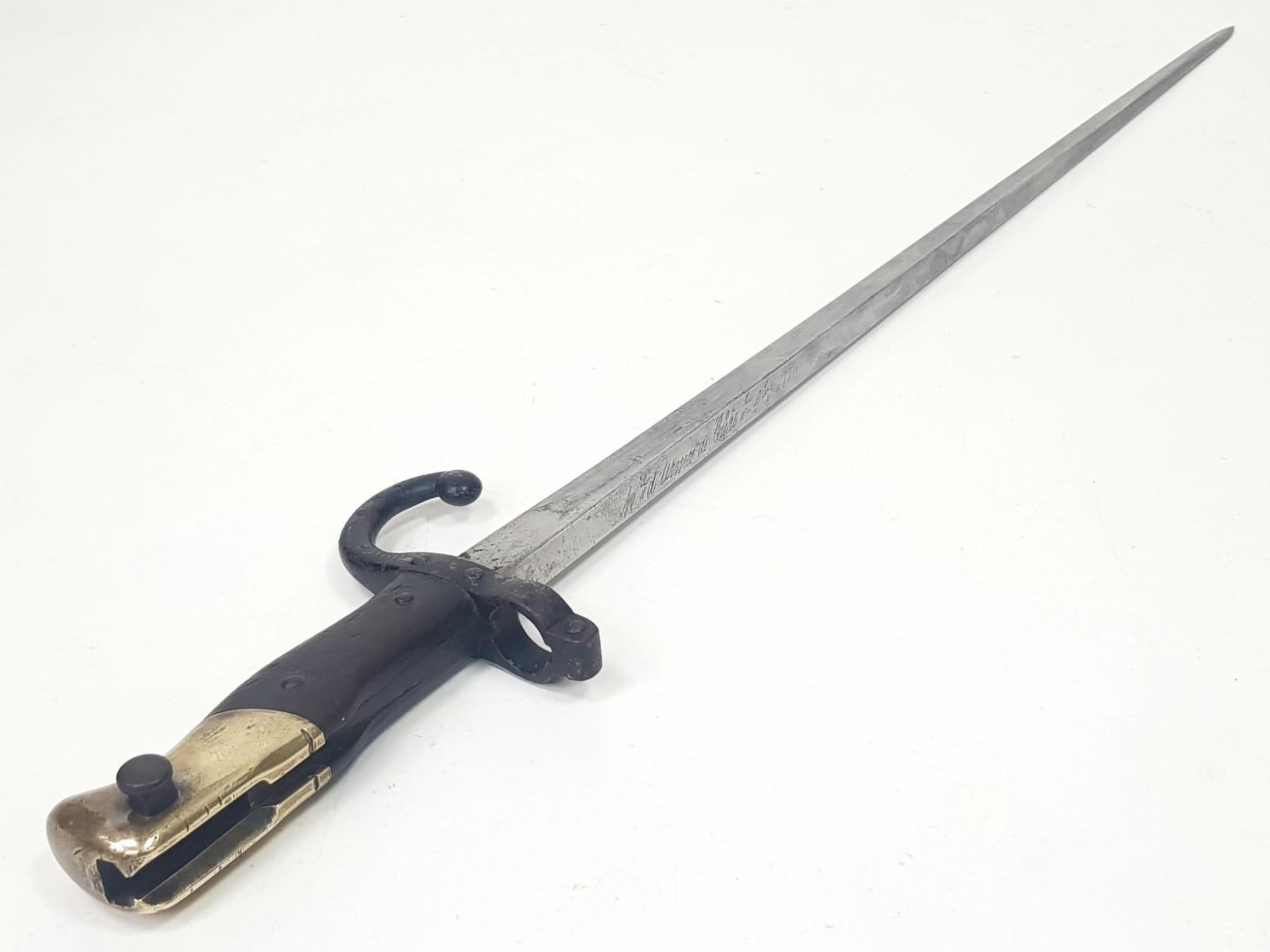 An 1873 French Bayonet. S and M Makers Mark. French inscription engraved to top of blade. Release - Image 3 of 11