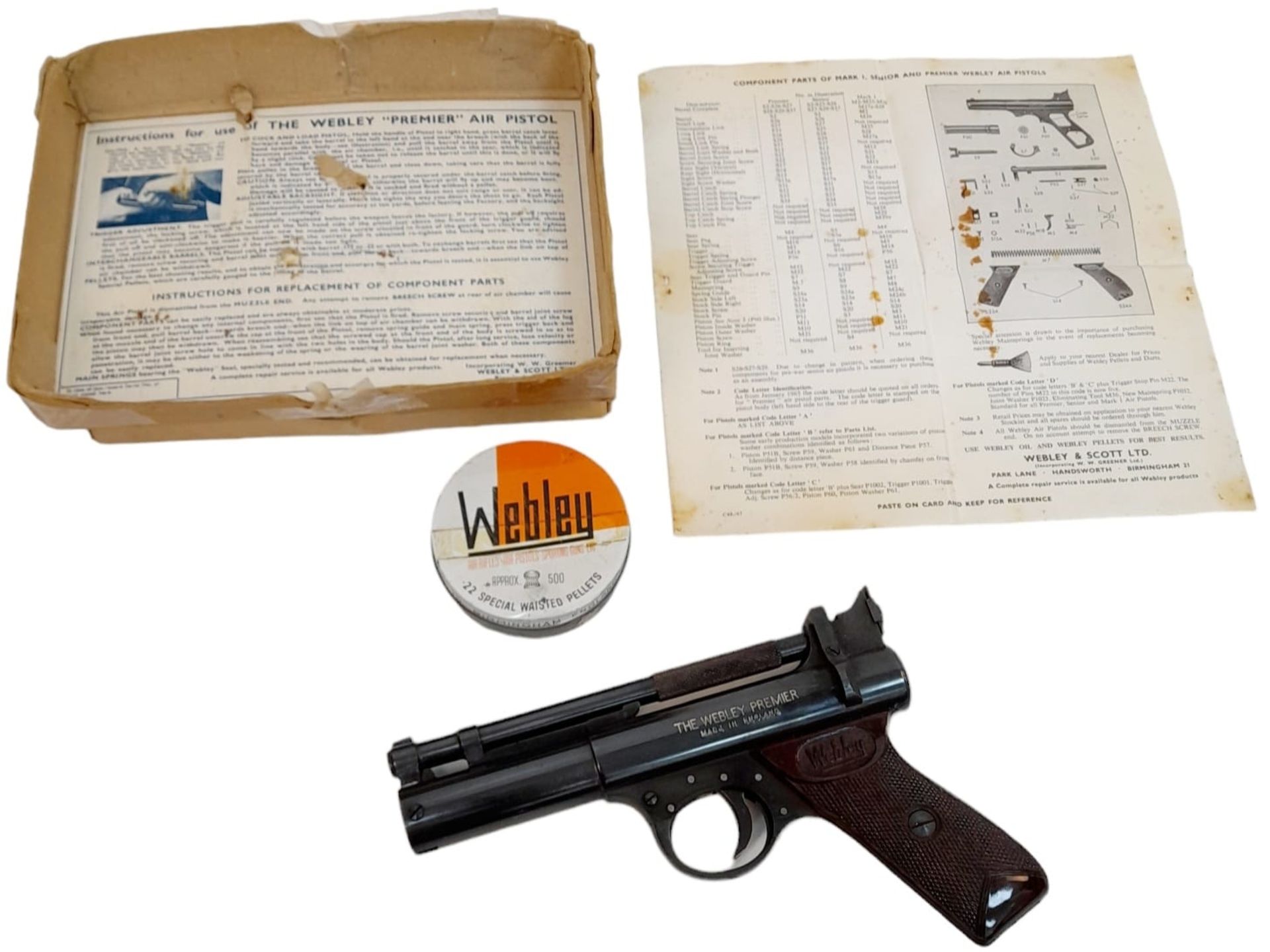 A Vintage Webley Premier Air Pistol .22 Calibre in Original Box with Instructions and comes with tin - Image 2 of 6