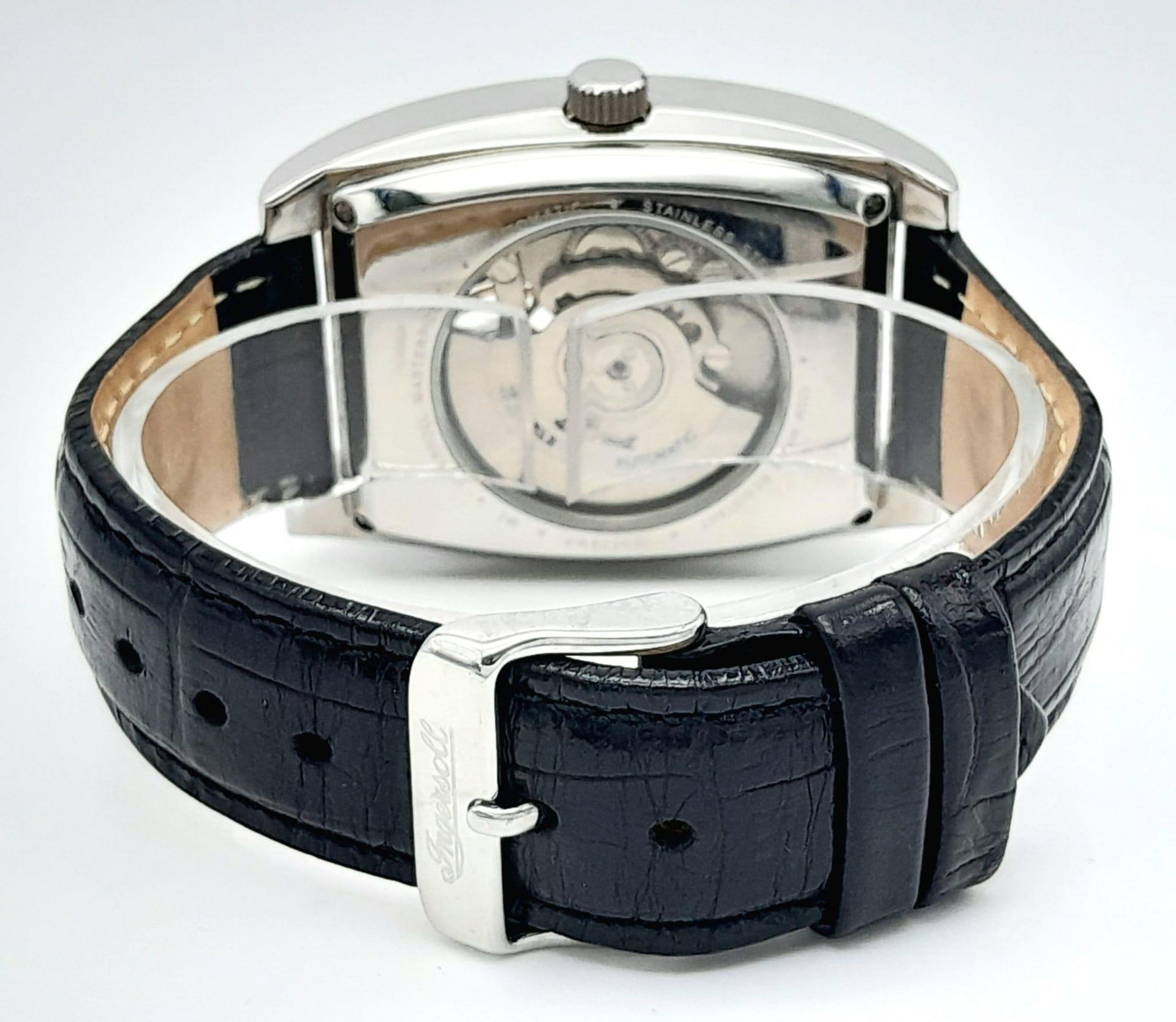 An Ingersoll Masterpiece Automatic Gents Watch. Black leather strap. Stainless steel skeleton - Image 4 of 6