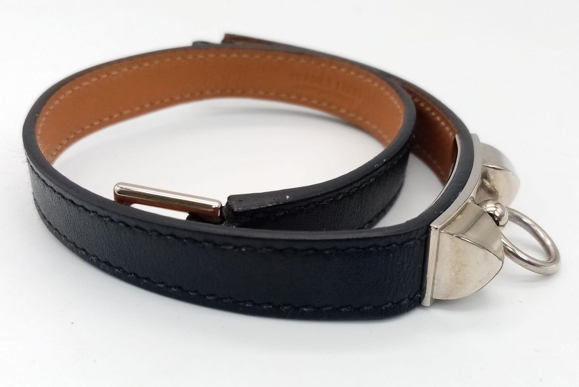 A Hermes Black Leather Dog Collar with Silver Tone Hardware. 36cm. Ref: 016714 - Image 3 of 3