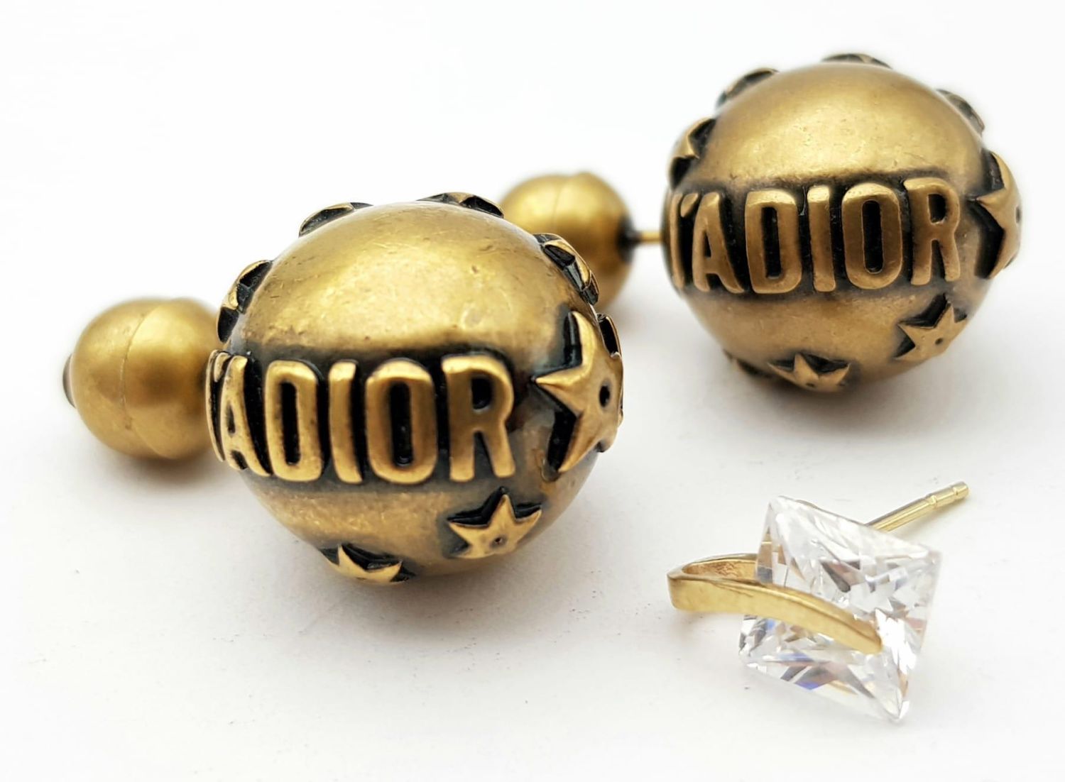 A PAIR OF DIOR EARRINGS PLUS A 9K GOLD STONE SET SINGLE EARRING . - Image 3 of 6