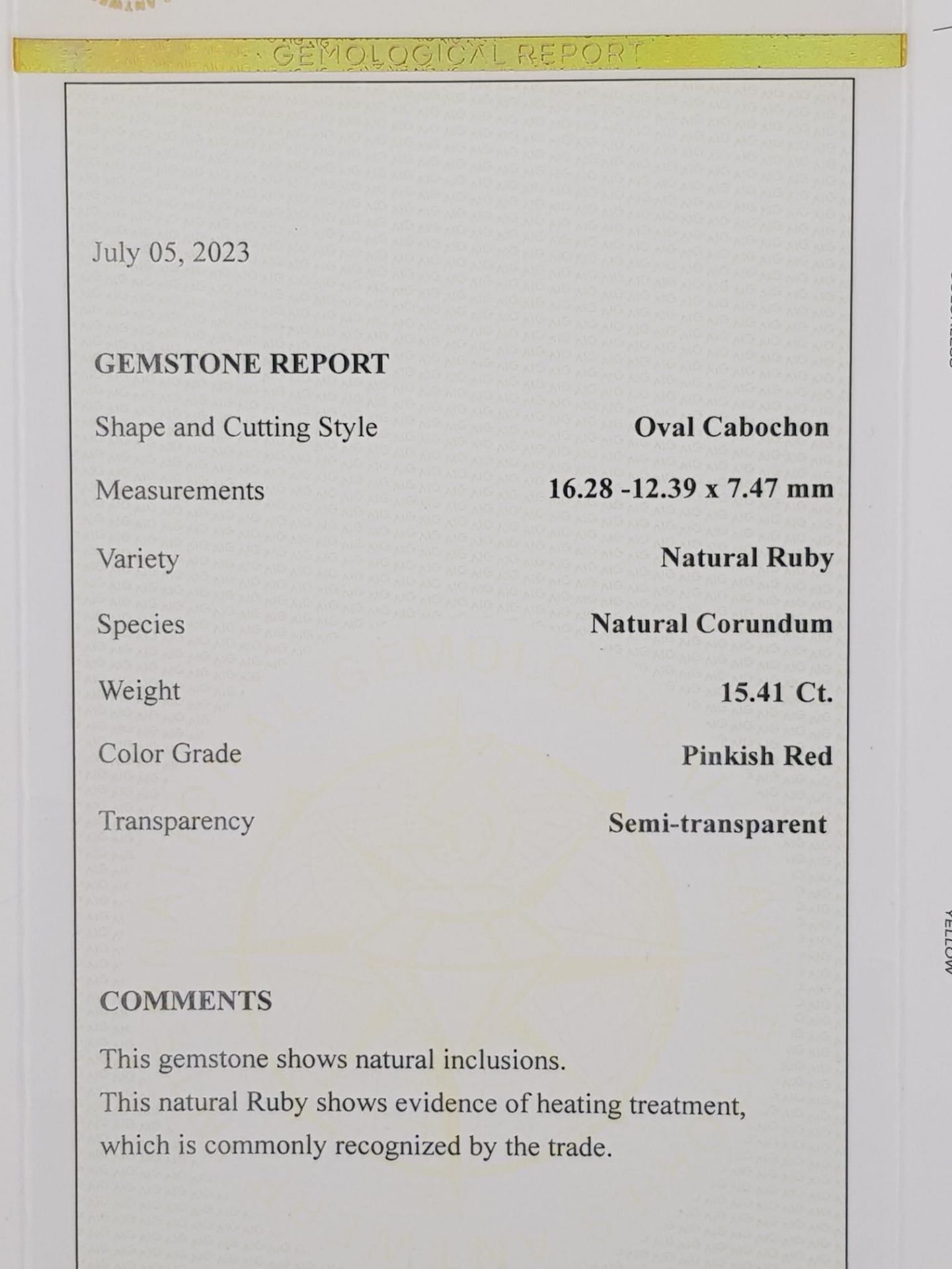 A Sealed 15.41ct Natural Ruby, in the Oval Cabochon shape. Comes with AIG Milan Certificate. ref: ZK - Bild 9 aus 9