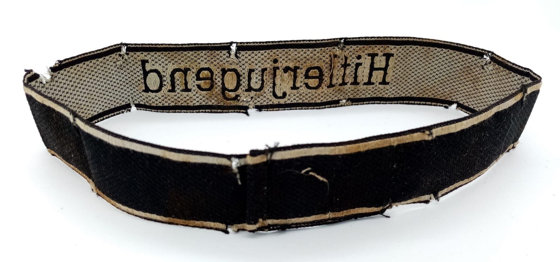 3rd Reich 12th SS Panzer “Hitler Youth” Cuff Title. Marked “Bevo Wuppental” Passes the black light - Bild 2 aus 3