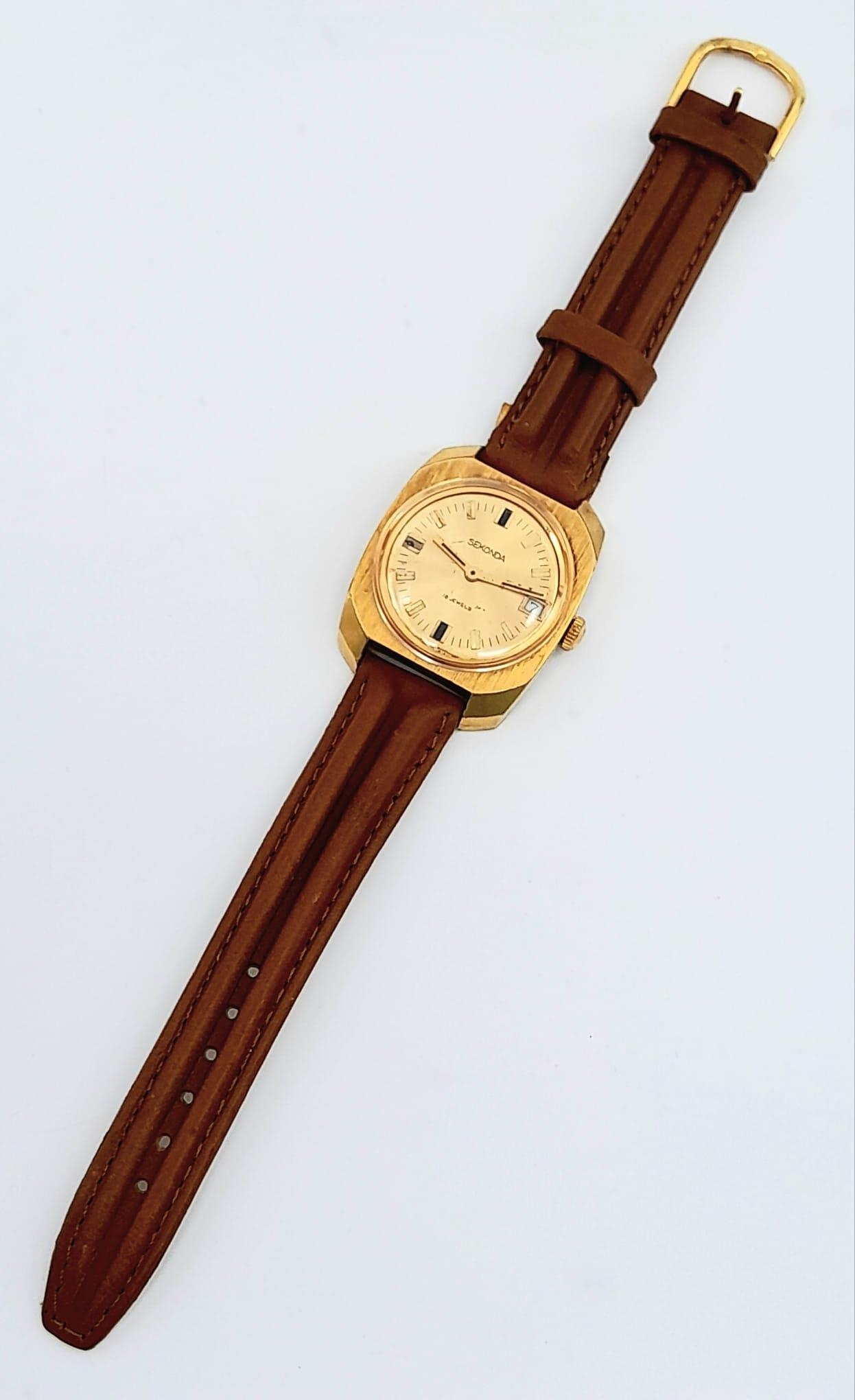 A Vintage Sekonda 18 Jewels Mechanical Gents Watch. Brown leather strap. Gilded stainless steel case - Bild 3 aus 5