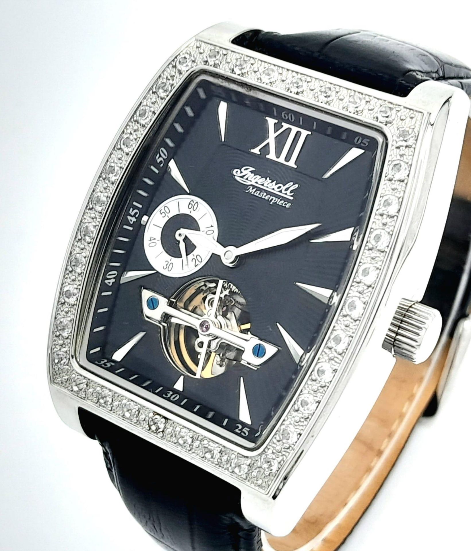 An Ingersoll Masterpiece Automatic Gents Watch. Black leather strap. Stainless steel skeleton - Image 2 of 6