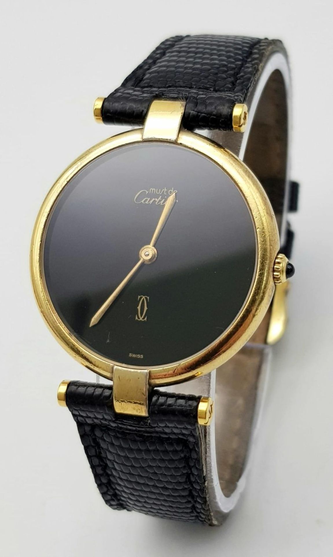 A Vintage (1980s) Must de Cartier Gold Plated Quartz Ladies Watch. Black leather strap. Gold - Bild 3 aus 18