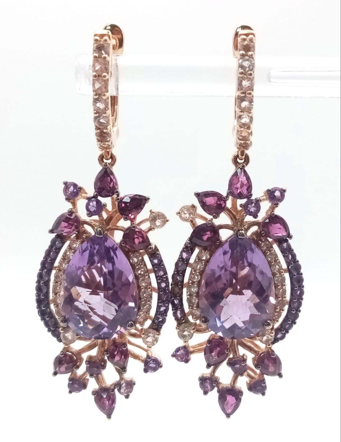A stunning LE VIAN design, 14 K rose gold ring and earrings set with large pear shaped amethysts and - Image 3 of 11