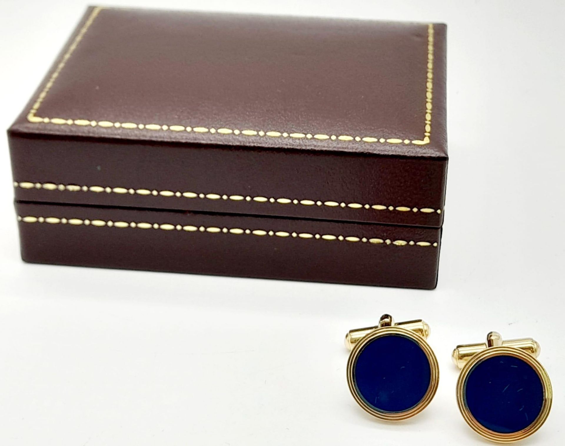 A Pair of Round Yellow Gold Gilt Blue Panel Inset Cufflinks by Dunhill in their original - Image 4 of 11