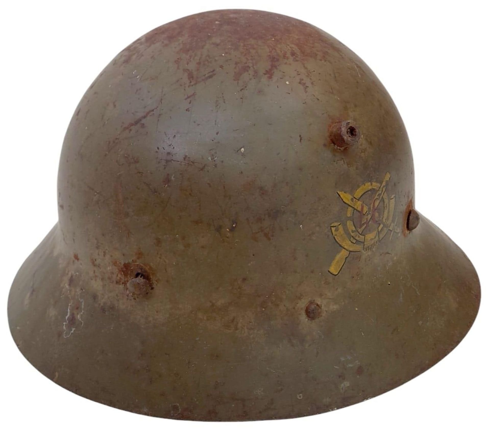 Spanish Civil War Czech M30 Helmet with insignia of Franco’s Fascist 46th Infantry Badge. No liner. - Image 3 of 5