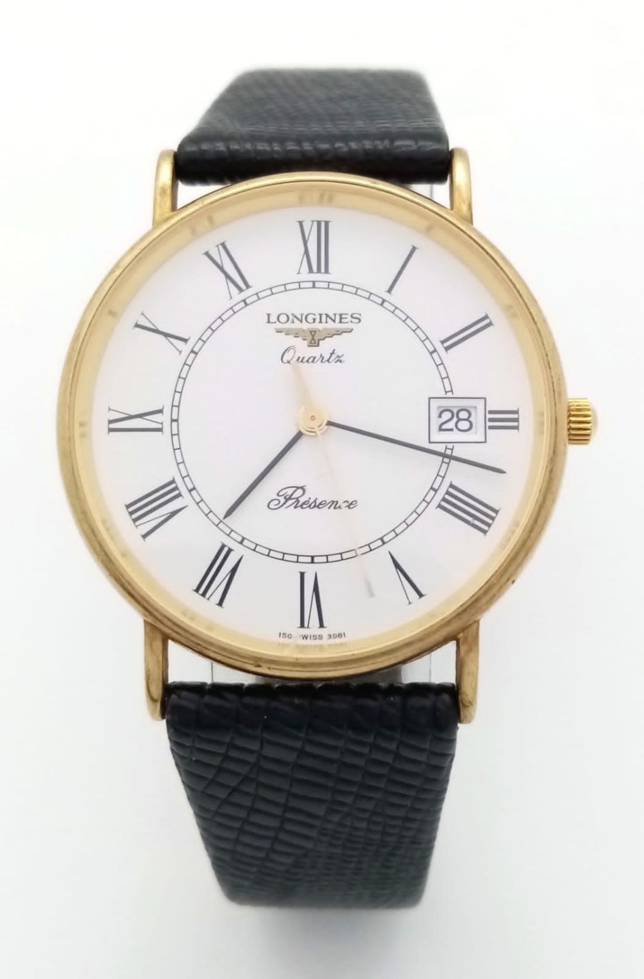 A very elegant, slimline, 9 K yellow gold, LONGINES - PRESENCE watch, 32 mm case, white dial with