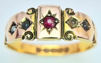 AN ANTIQUE 15K YELLOW GOLD RUBY AND PEARL RING. 2.9G. SIZE O. HALLMARKED CHESTER EITHER 1851 0R 1896
