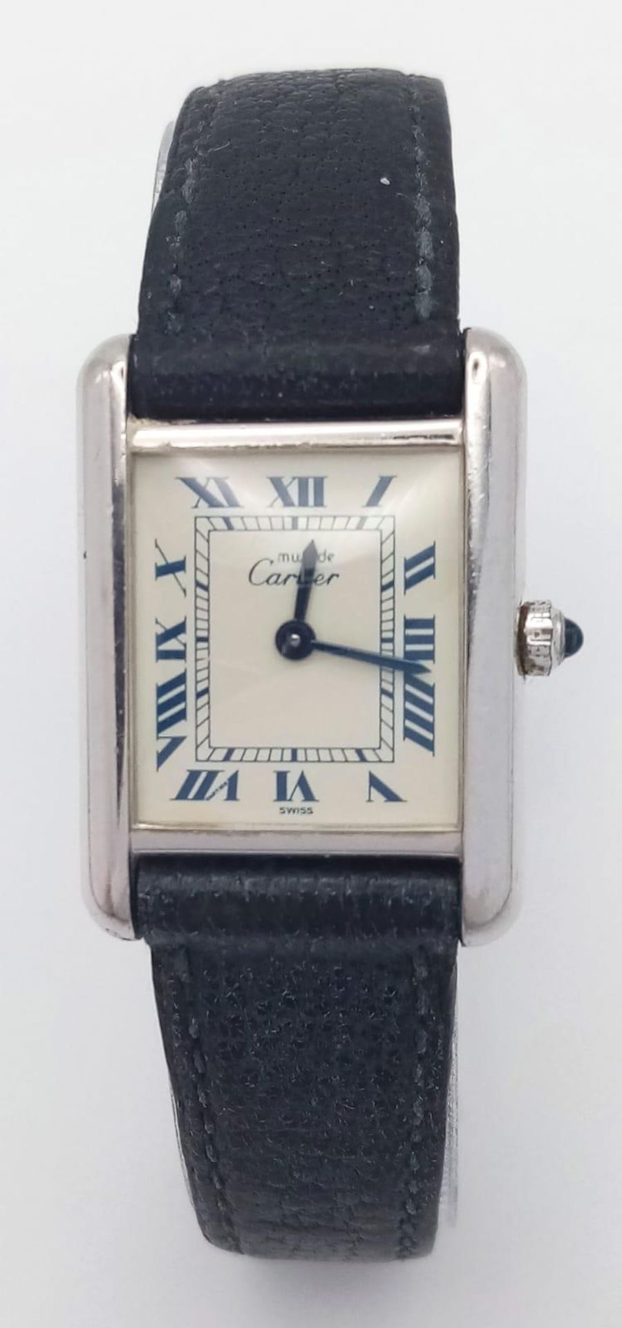 A Vintage Must de Cartier Tank Quartz Ladies Watch. Black leather strap. 925 silver case - 21mm. - Bild 3 aus 9