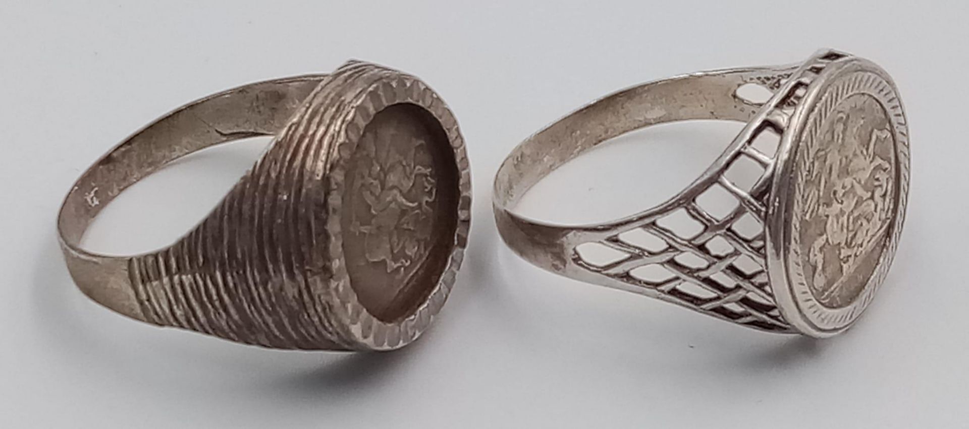 2X vintage sterling silver St George "killing the dragon" rings. Total weight 11.7G. Size U/V and V. - Image 2 of 7