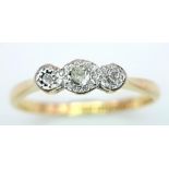 AN 18K YELLOW GOLD & PLATINUM VINTAGE 3 STONE DIAMOND RING. 2.3G. SIZE P