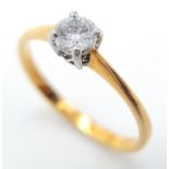AN 18K YELLOW GOLD DIAMOND SOLITAIRE RING. ROUND BRILLIANT CUT 0.30CT DIAMOND IN A 4 CLAW SETTING.