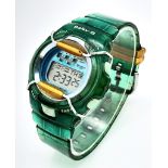 A Casio Baby G Digital Watch. Green rubber strap and case. In working order.