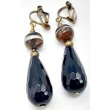 A Pair of Banded Agate and Jet Drop Earrings. 4cm drop.