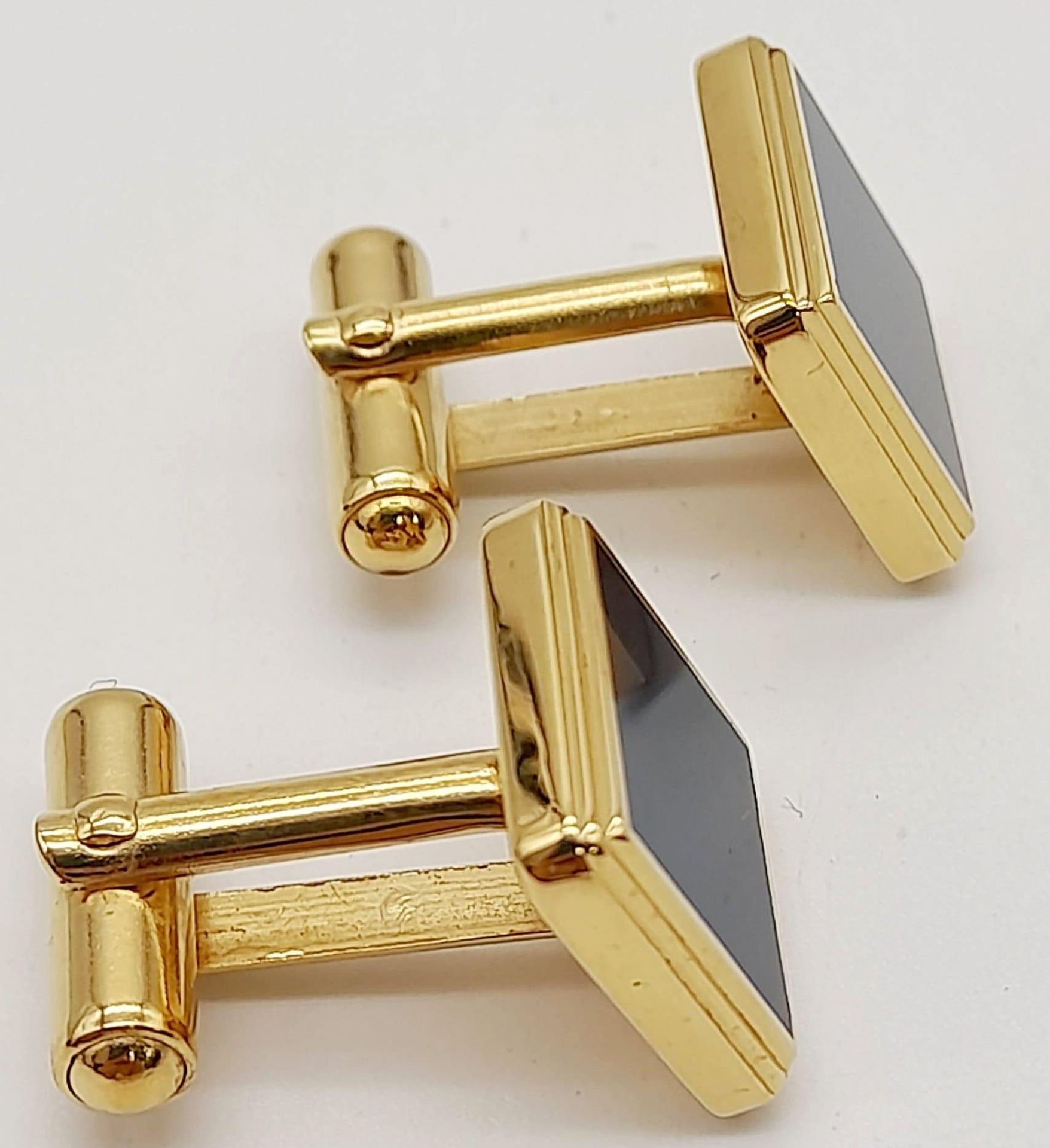 Pair of Square Yellow Gold Gilt Blue Panel Inset Cufflinks by Dunhill in their original presentation - Image 4 of 11